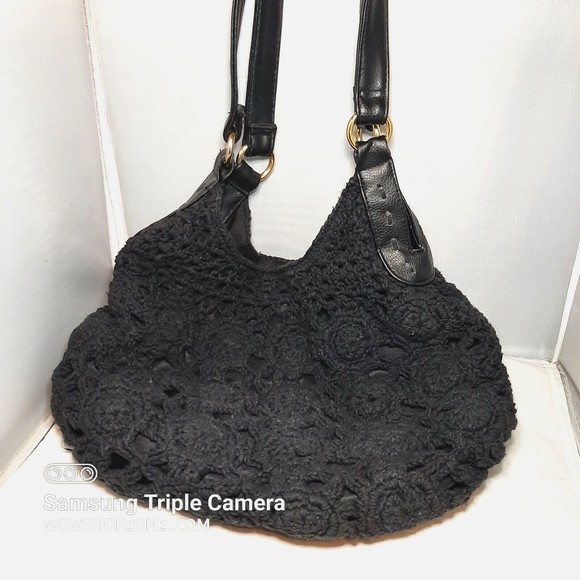 Black Crochet Roses Hobo Purse Hand Shoulder Bag Dark Goth Fairy